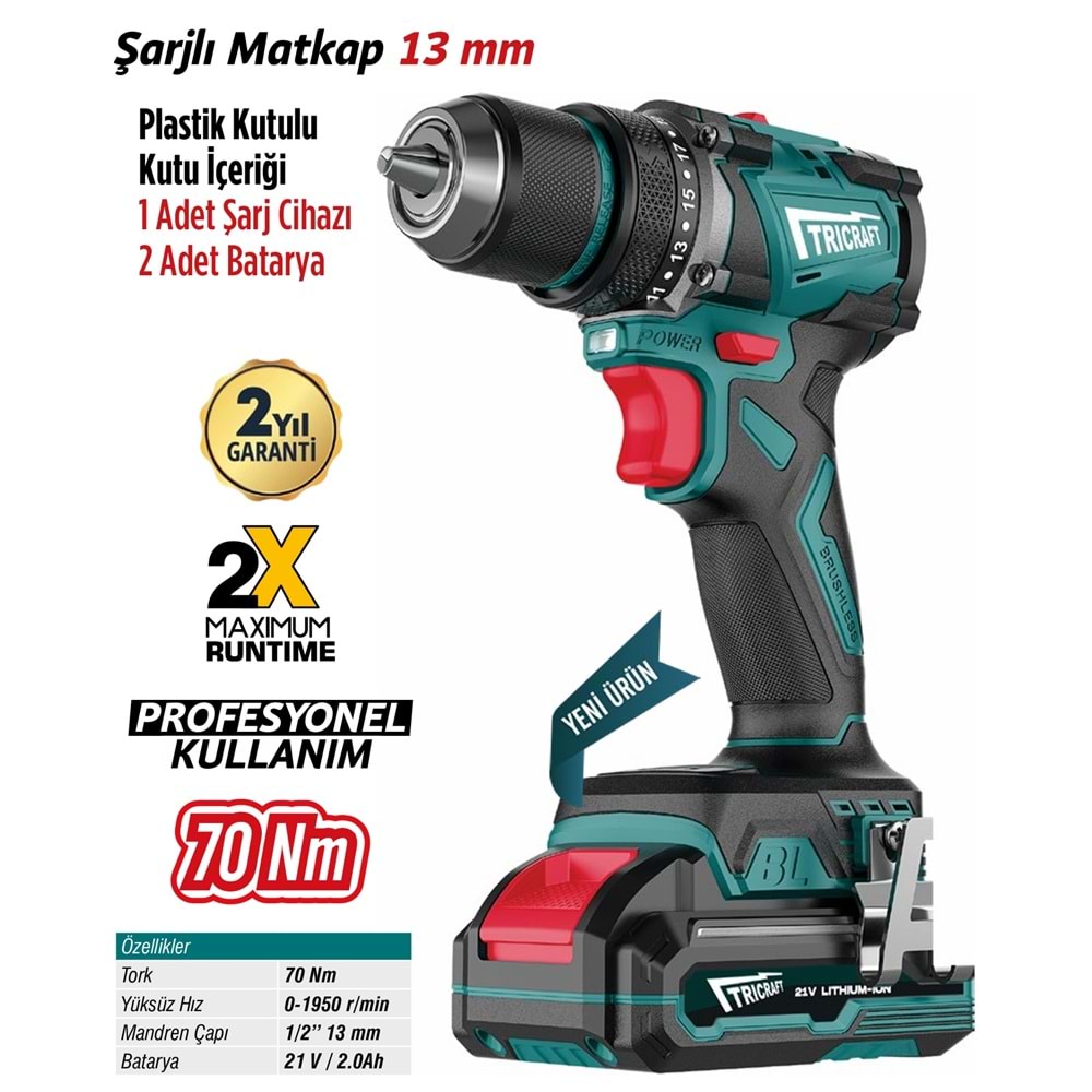 MEŞEM TRICRAFT ŞARJLI MATKAP 70Nm-2.0Ah / 7303