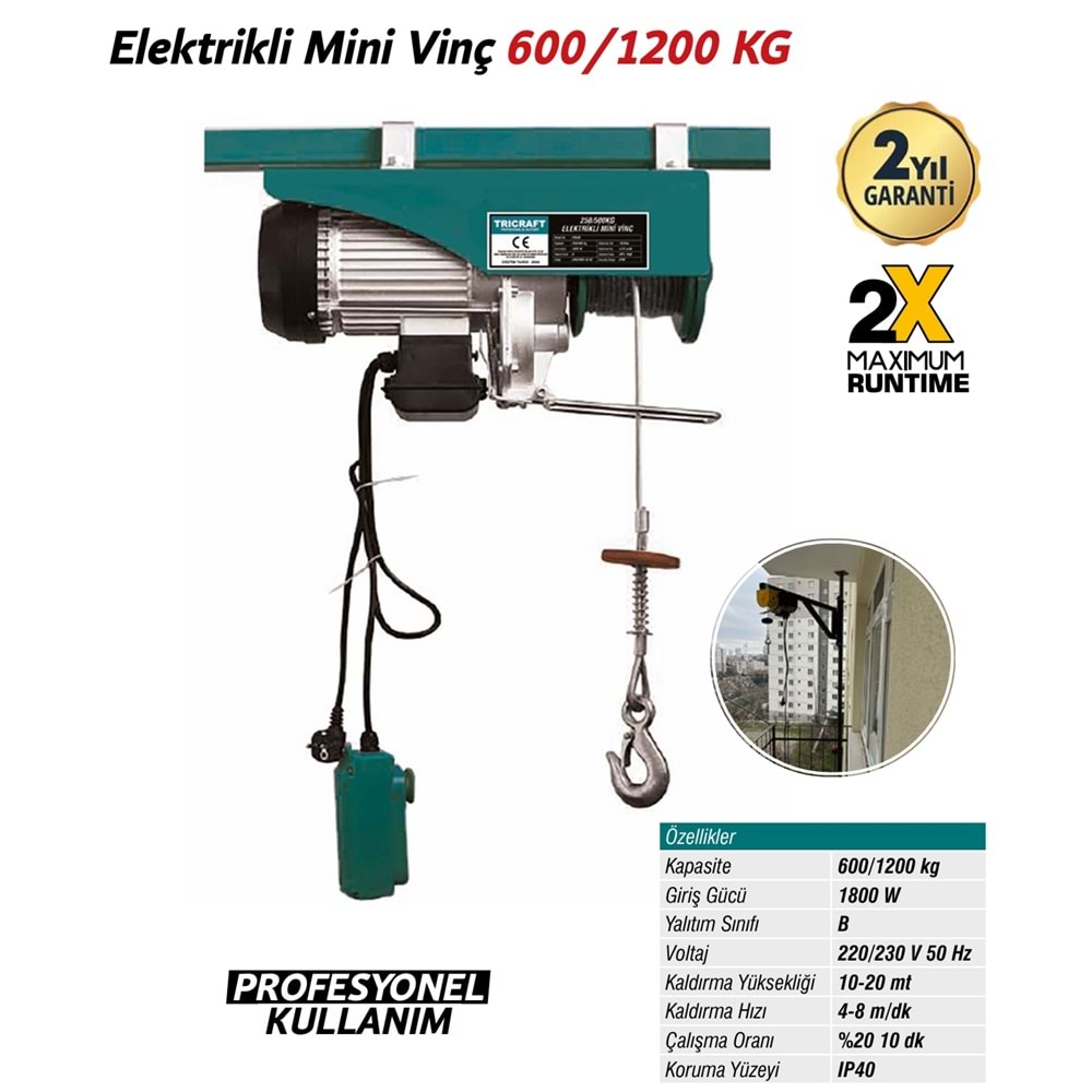 TRICRAFT ELEKTRİKLİ MİNİ VİNÇ - 600/1200kg / 936