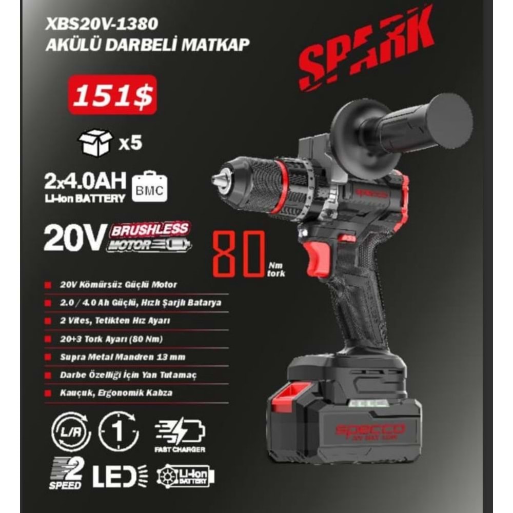 SPECCO ŞARJLI MATKAP - DARBELİ - 20V KÖMÜRSÜZ/80nm- XBS20V-1380