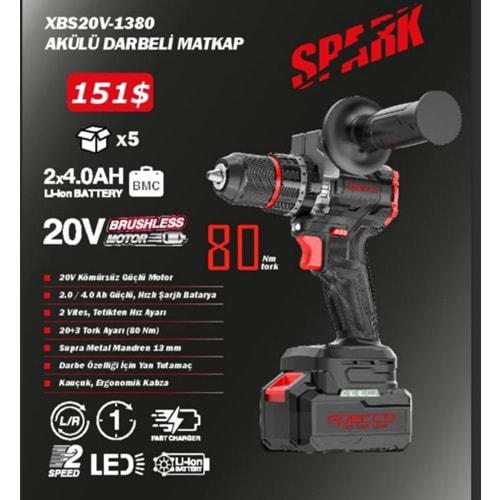 SPECCO ŞARJLI MATKAP - DARBELİ - 20V KÖMÜRSÜZ/80nm- XBS20V-1380