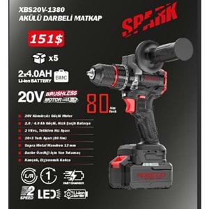 SPECCO ŞARJLI MATKAP - DARBELİ - 20V KÖMÜRSÜZ/80nm- XBS20V-1380